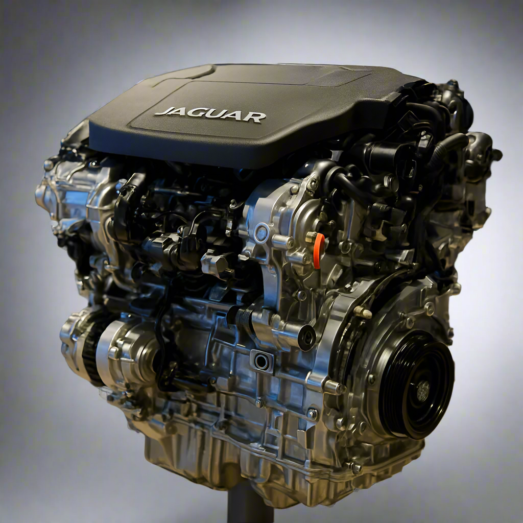 Jaguar engine on display with people in the background